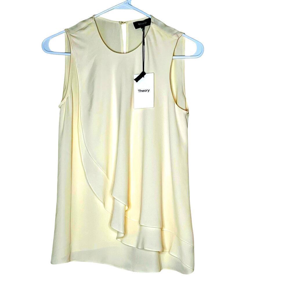 *Theory *. Brand New with Tags Creamy Silk Sleeveless Top Cascading ruffle front